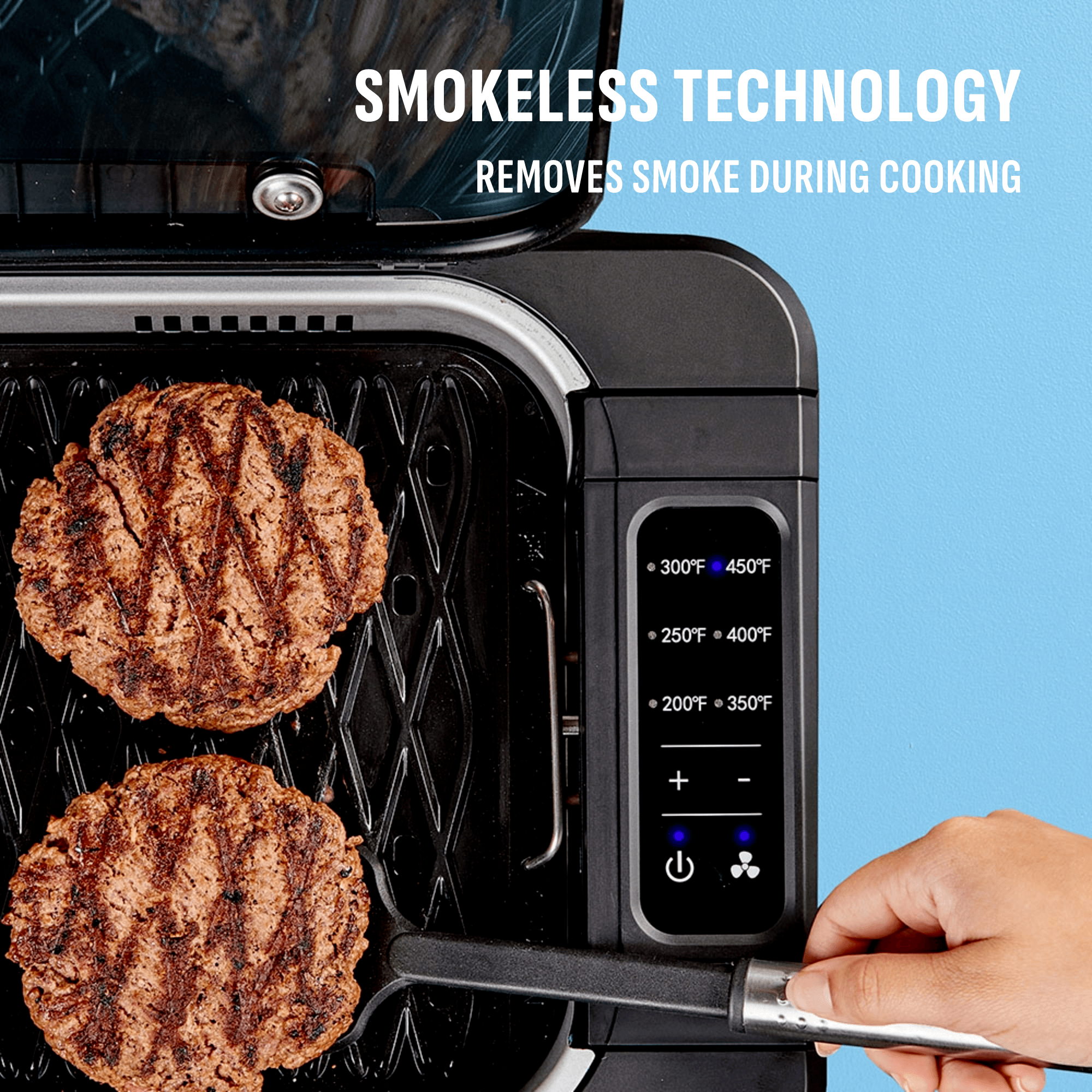 Smokeless Technology removes smoke during cooking burgers