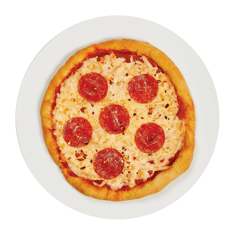 Small pepperoni pizza on a white plate with a white background