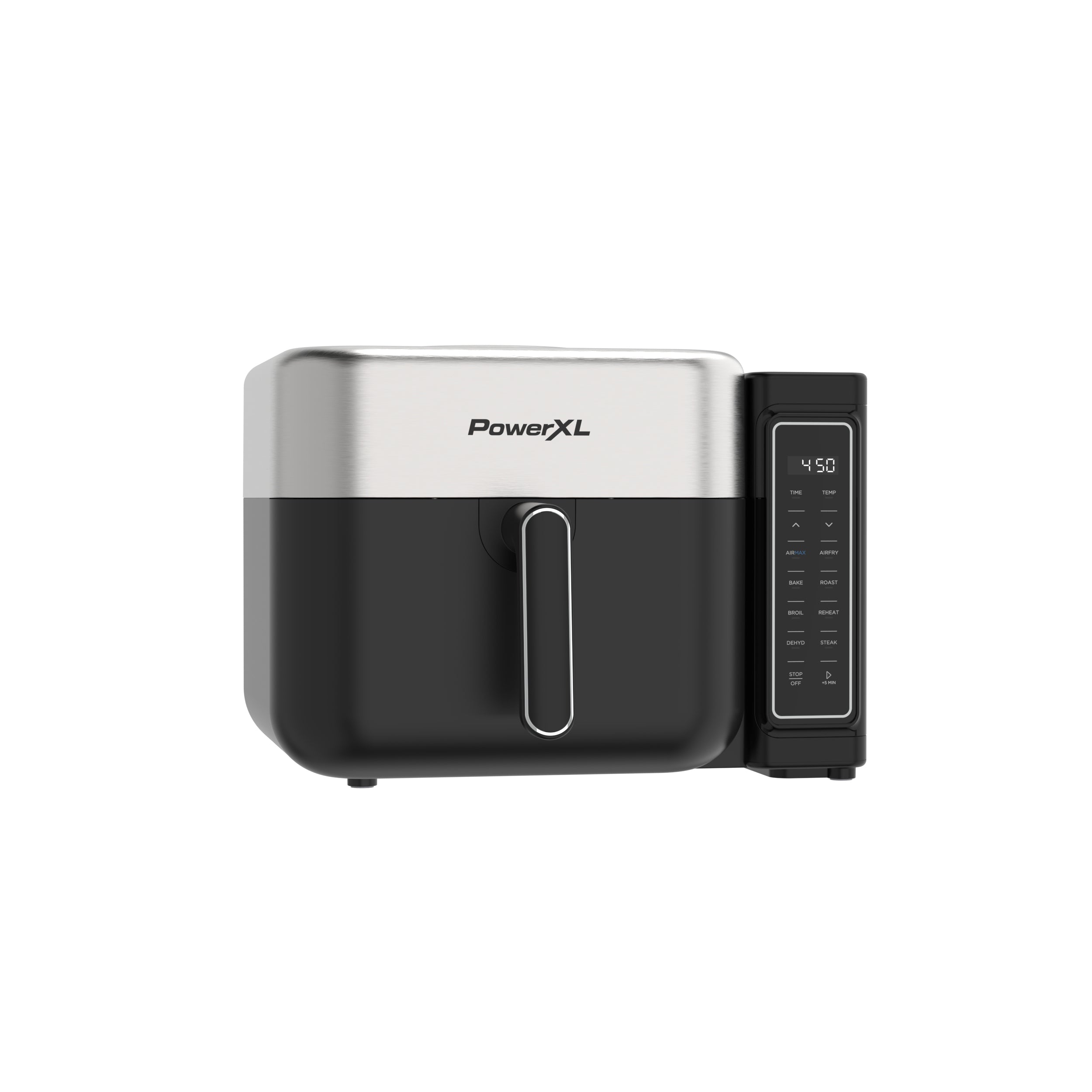 Black and silver PowerXL air fryer on a white background