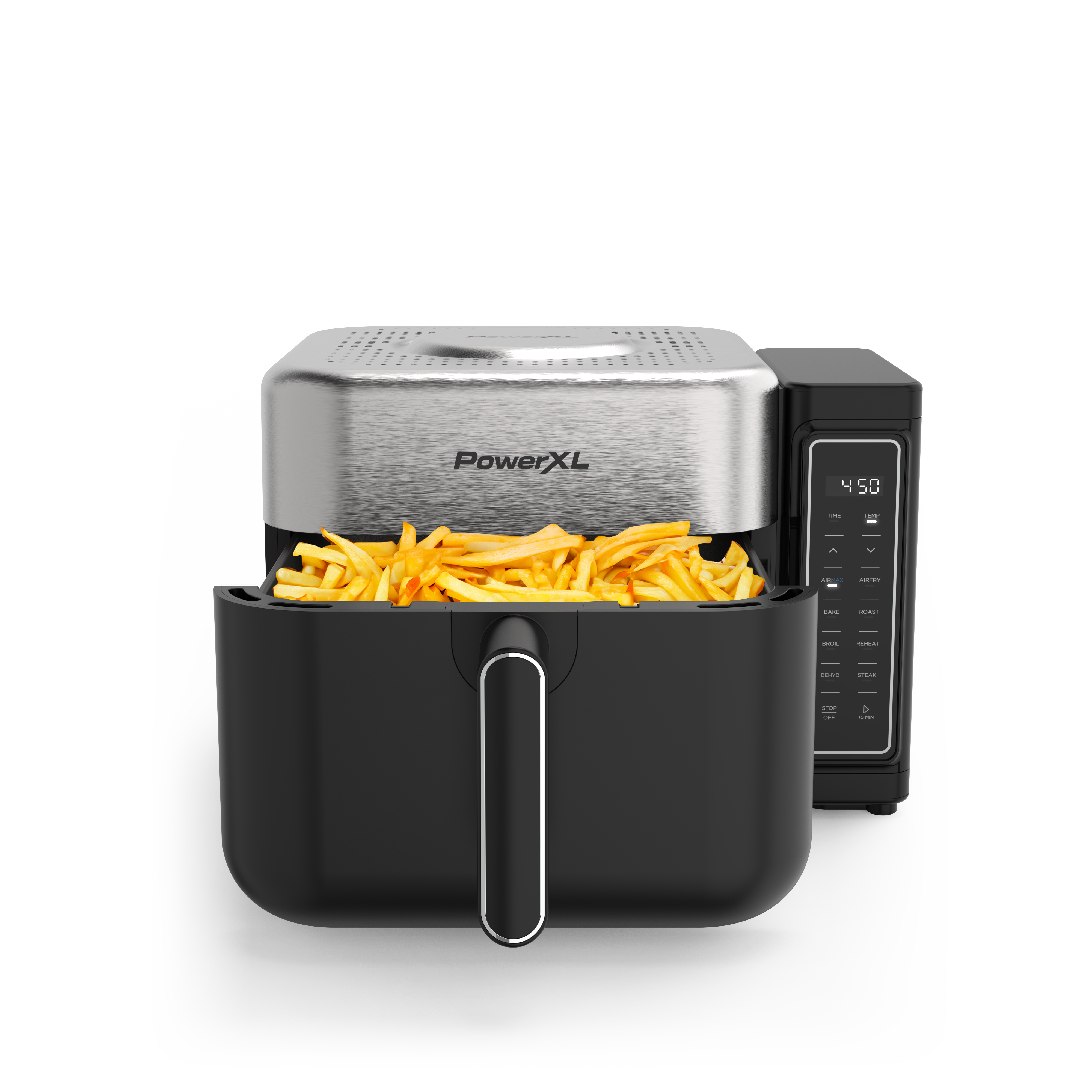 PowerXL air fryer with a basket containing food on a white background