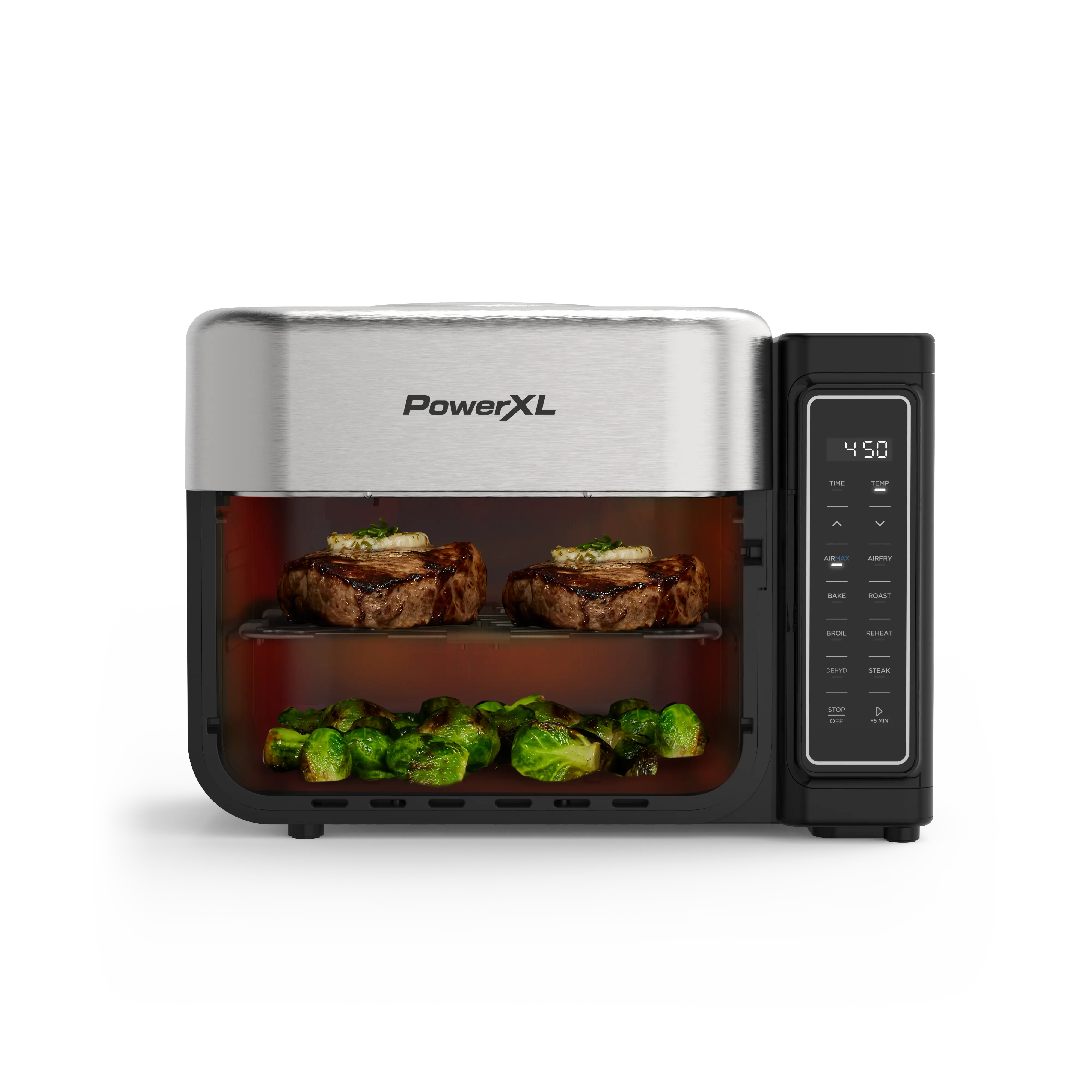 PowerXL toaster oven with food inside on a white background