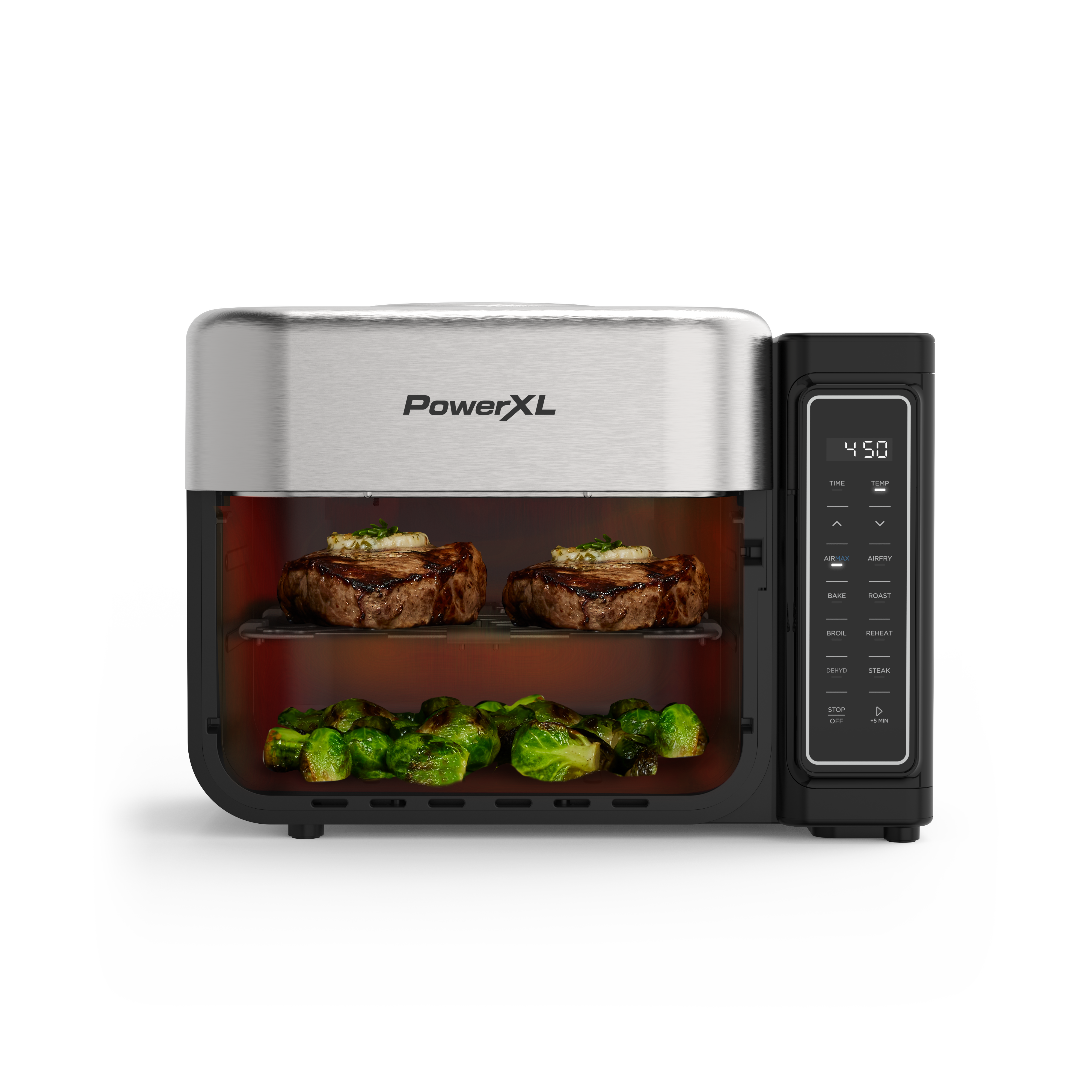 PowerXL toaster oven with food inside on a white background