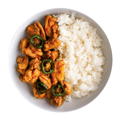 White bowl with chicken dish and white rice on a white background