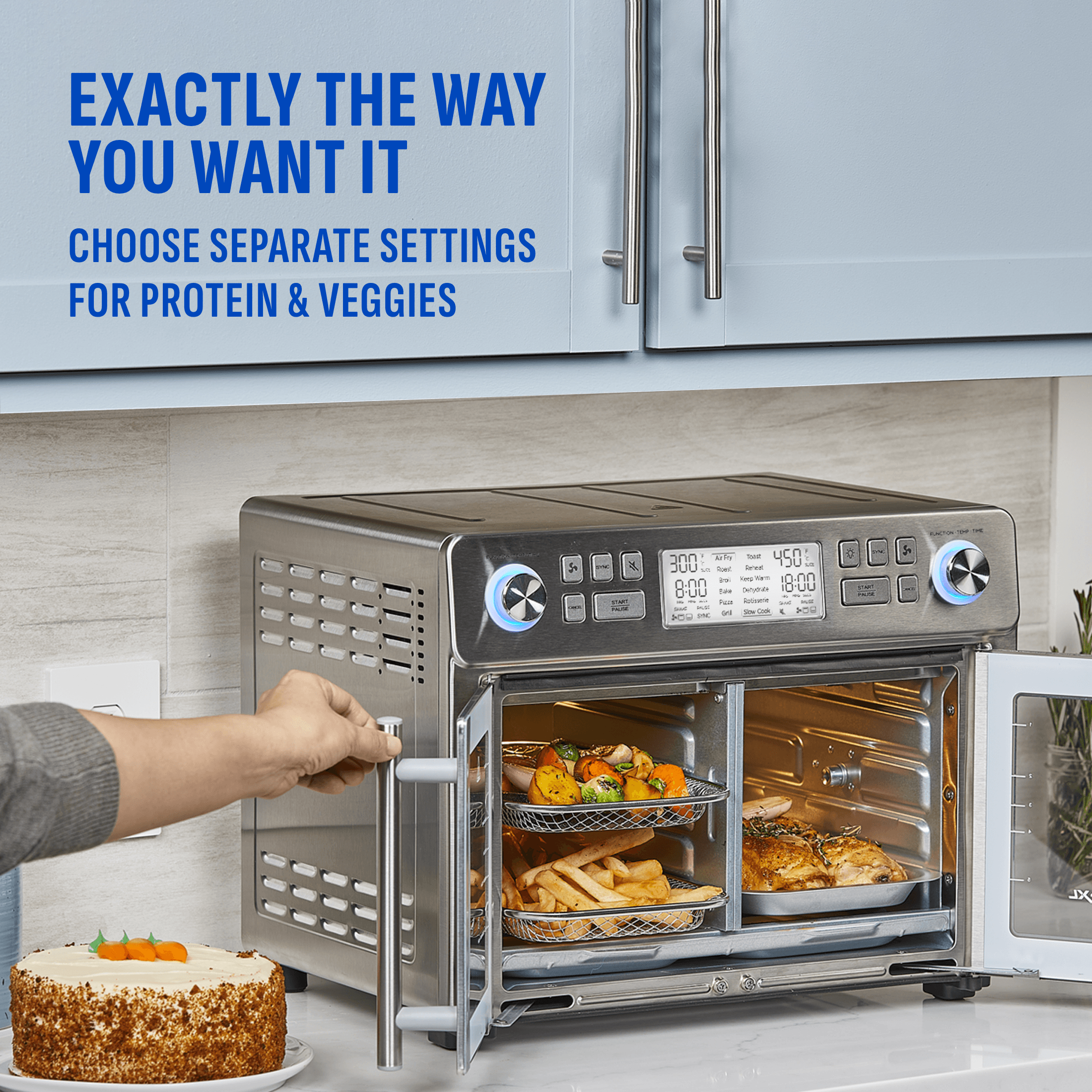 separate setting to cook protein and vegies with dual zone