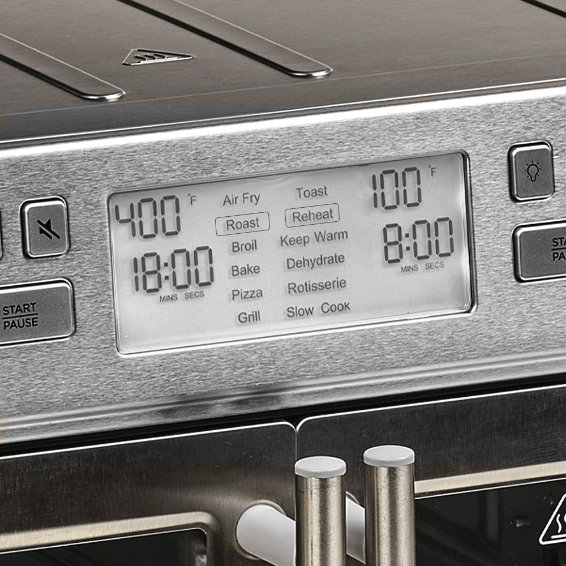 Digital display on a kitchen appliance with cooking settings and timer.