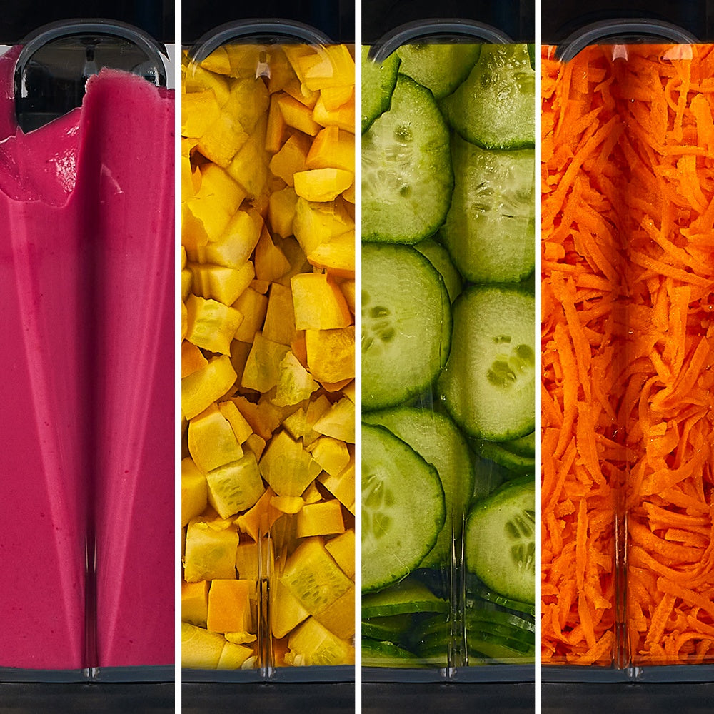 Multicolored vegetable chopper with different vegetables inside