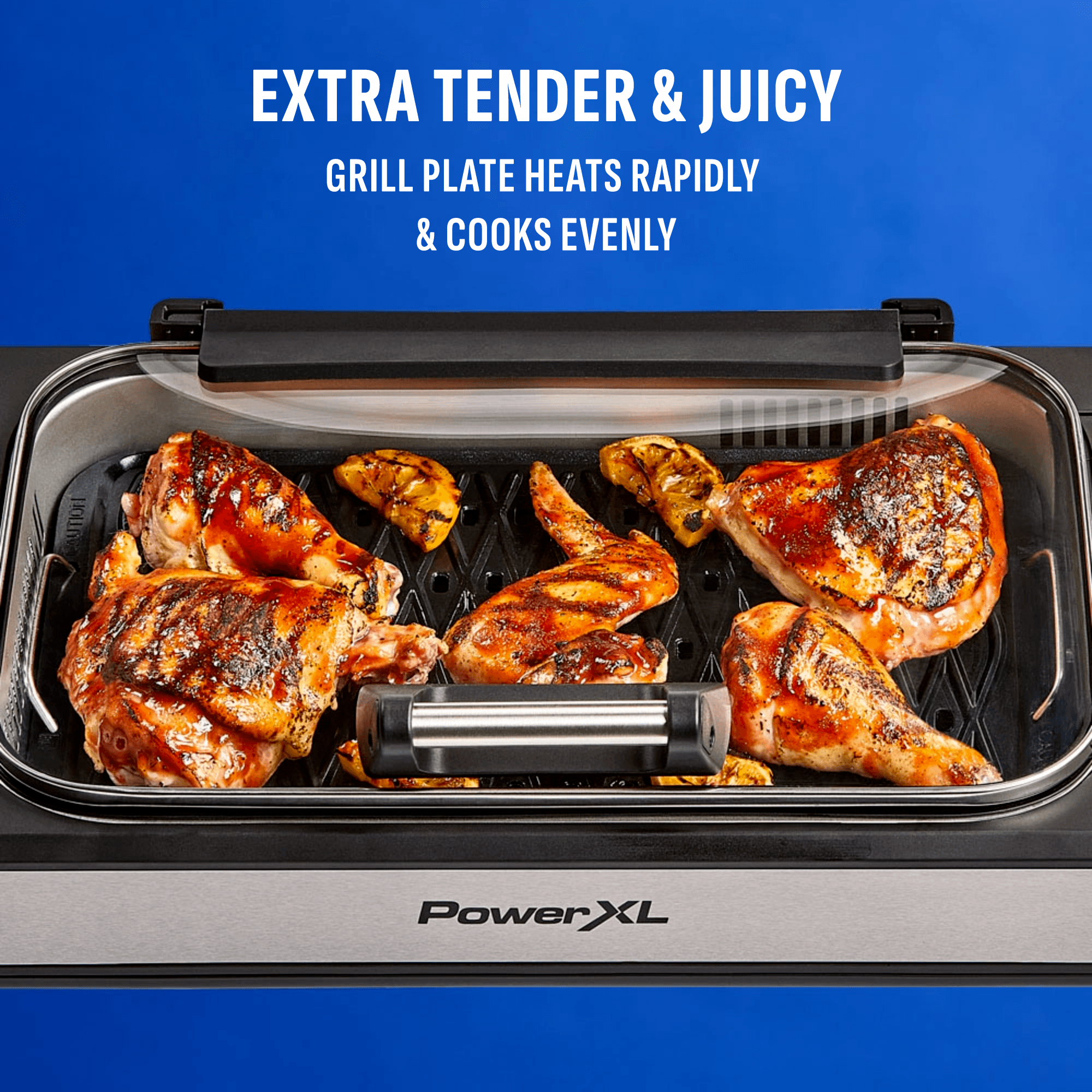 Chicken cooking evenly on the grill plate