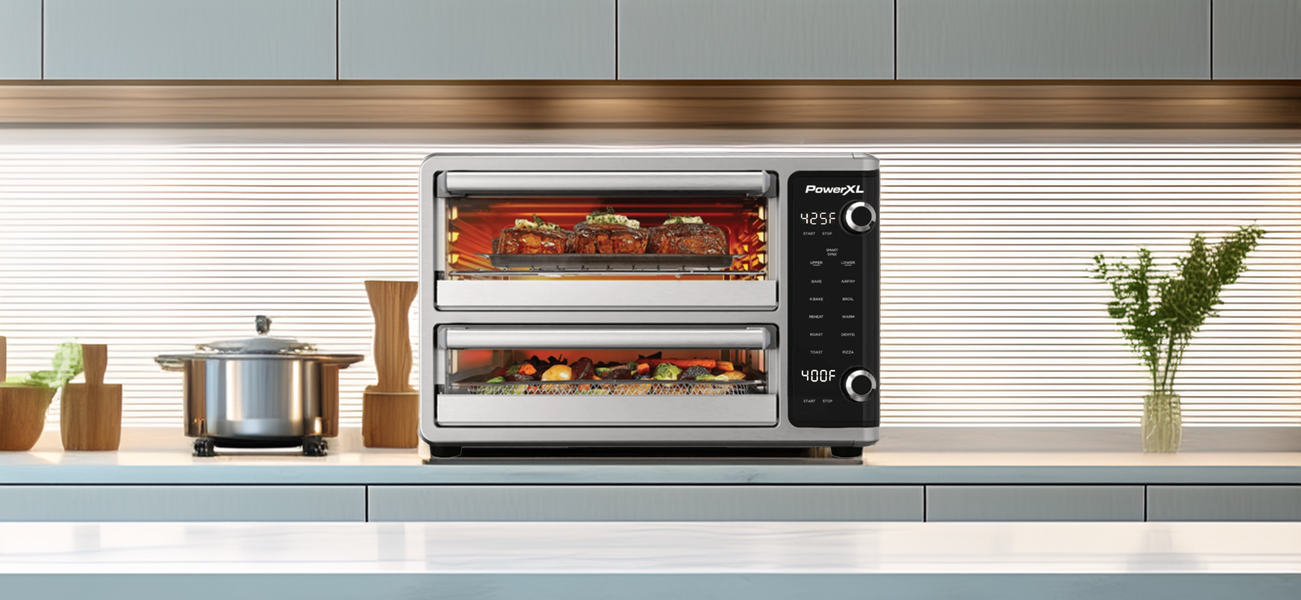 PowerXL Dual Door Oven with food on the kitchen counter